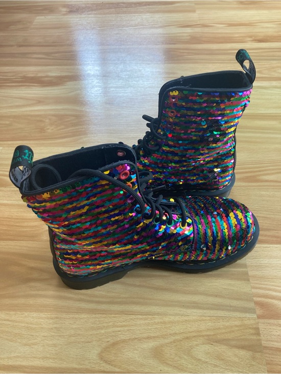 Dr. Martens Shoes - Dr. Martens Pascal Rainbow Silver Sequin Boots Sz 7 Rare HTF Maximalist